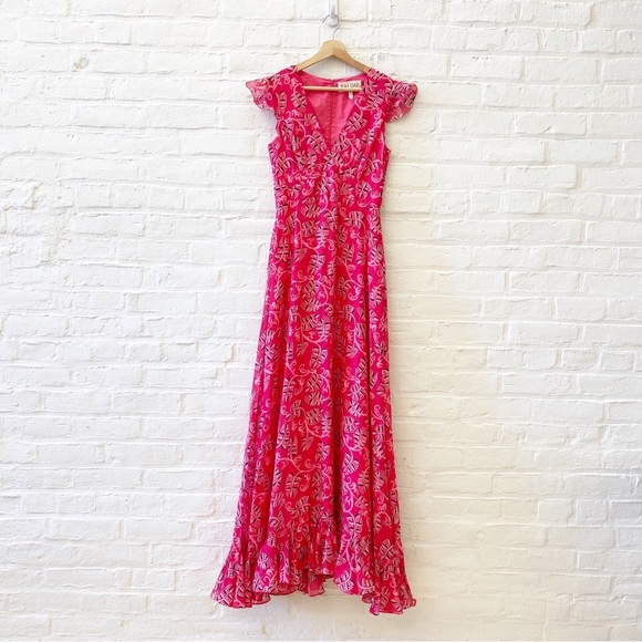 Saloni || Emma V-Neck Flutter Sleeve Maxi Dress Gown Cotton Silk Pink Floral 4 - Picture 1 of 12